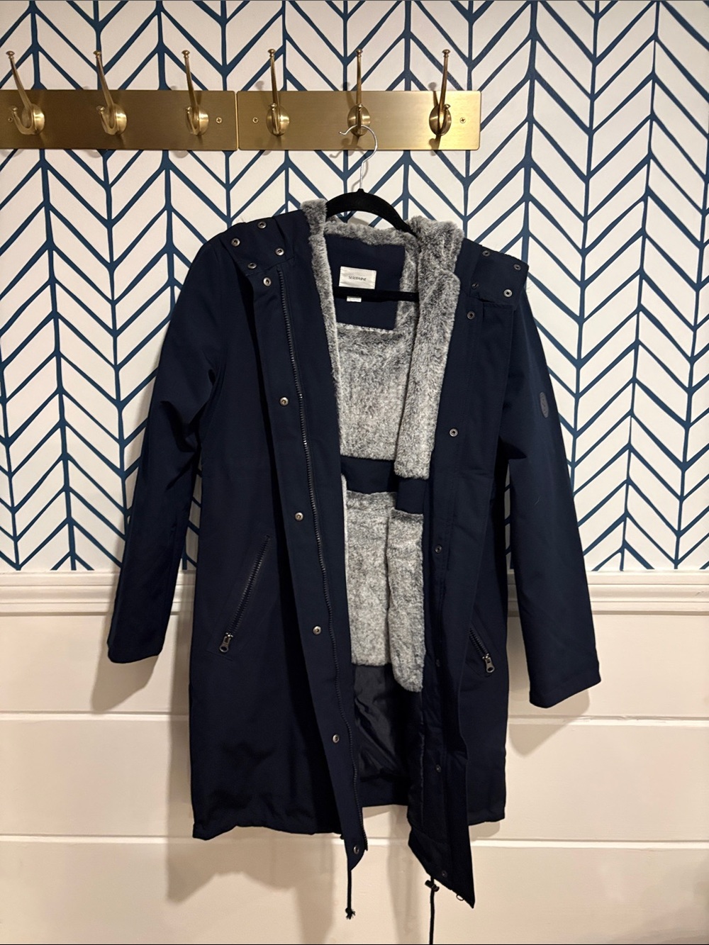 Seraphine Navy Hooded Puffer Coat with Gray Fleece Lining